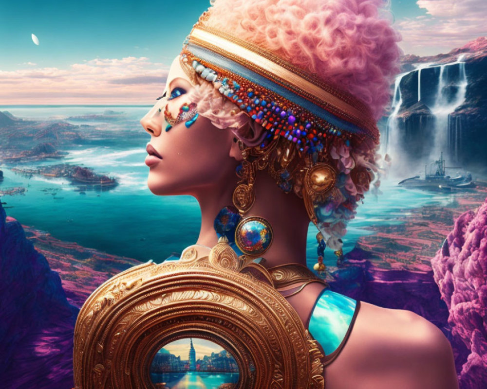 Woman with ornate jewelry in vibrant fantasy landscape.