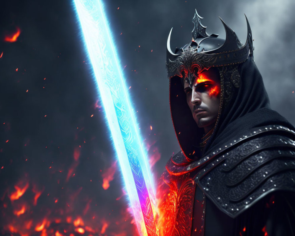 Fantasy warrior in elaborate armor with glowing blue sword in fiery landscape