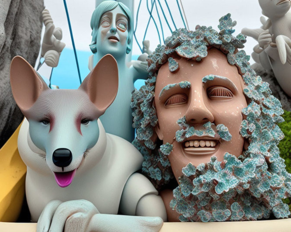 Surreal artwork with smiling figure, coral textures, woman, and happy dog