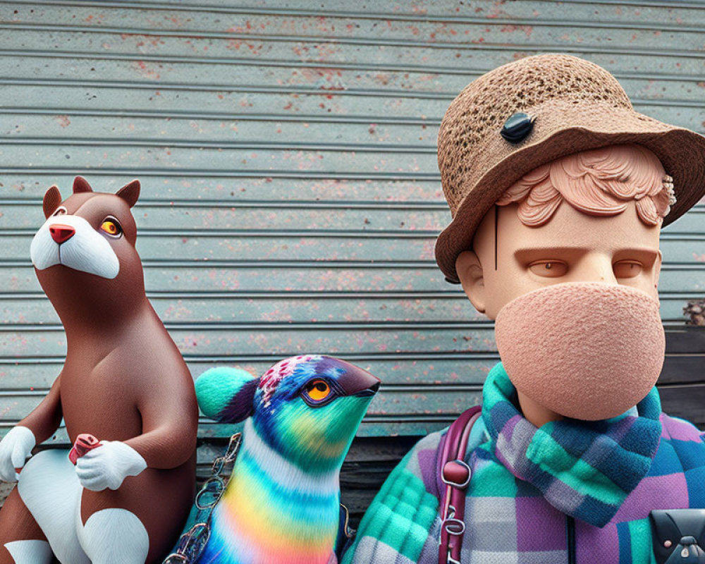 Person wearing textured face mask with wide-brimmed hat beside colorful bird and brown dog in stylized