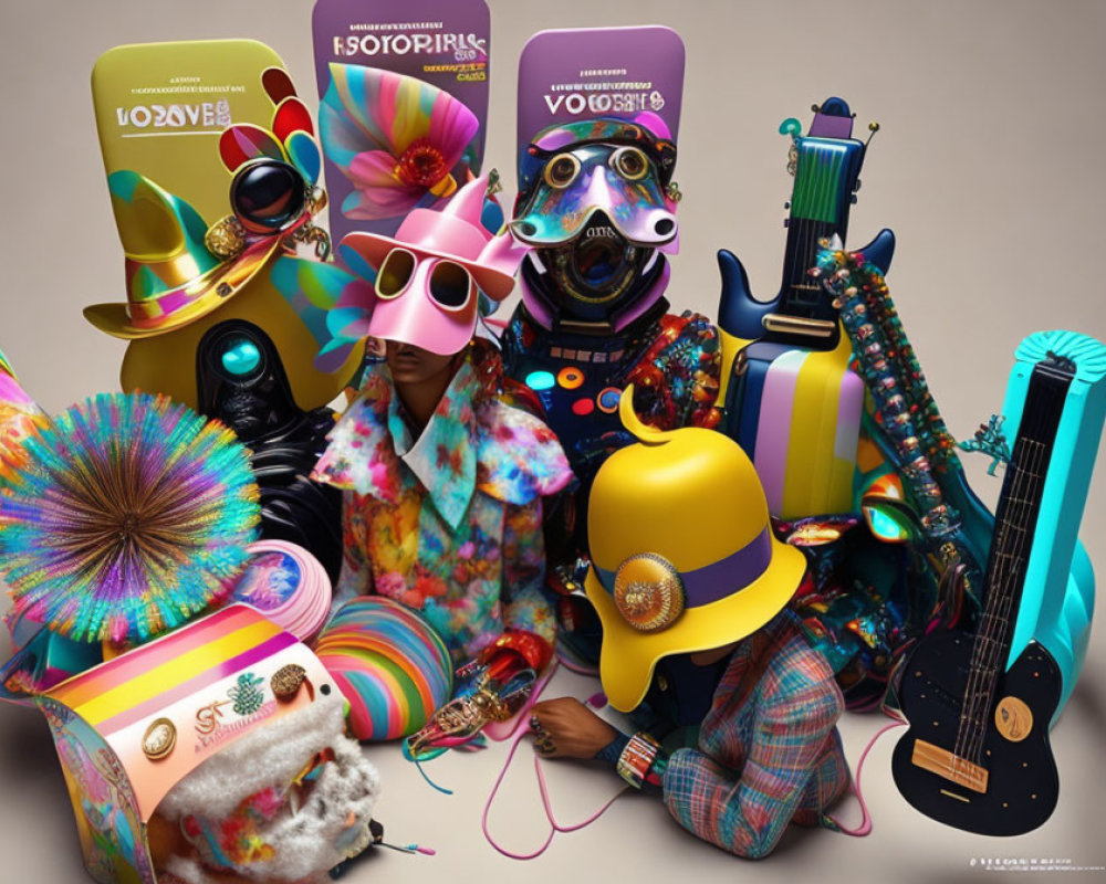 Vibrant characters with oversized hats, guitars, and a stylish dog.