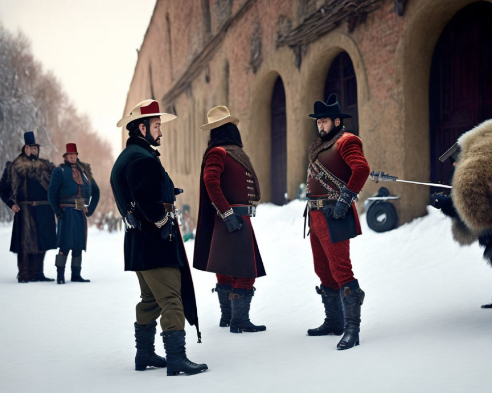 Historic military men with muskets in snowy scene