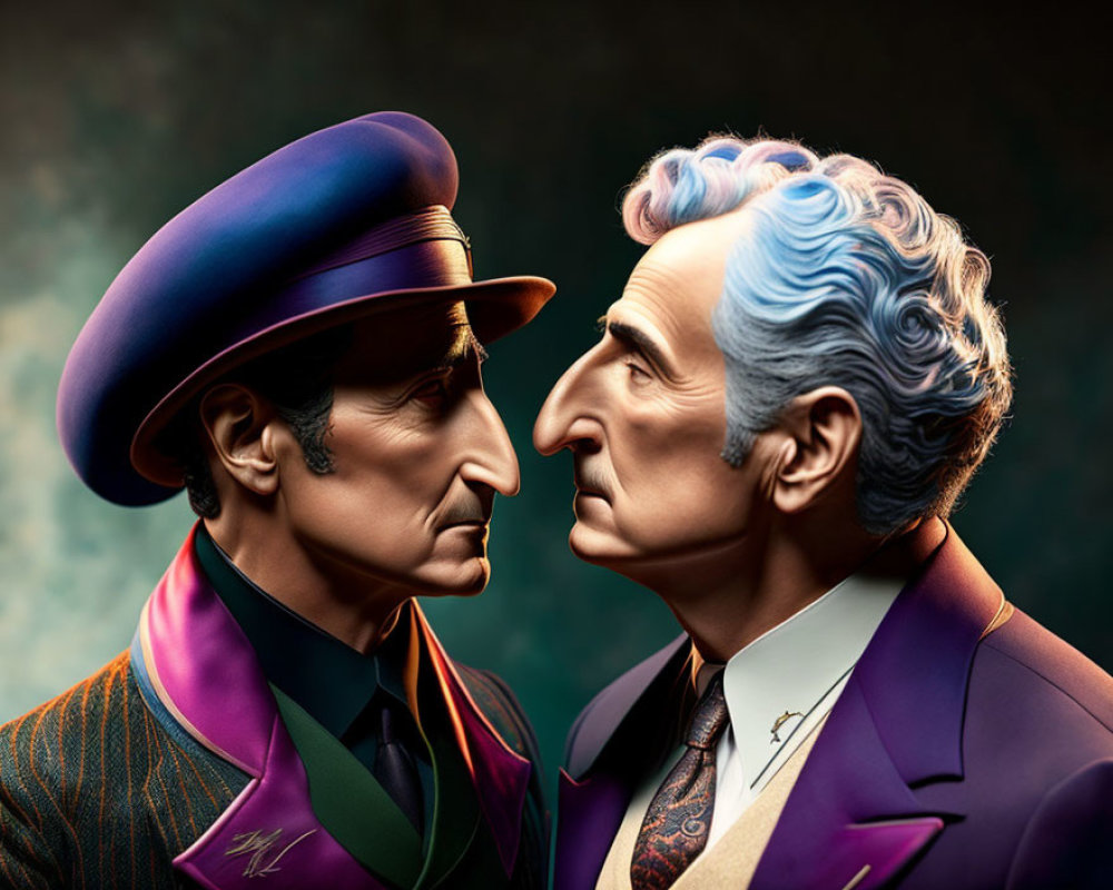 Stylized male figures in colorful attire face each other