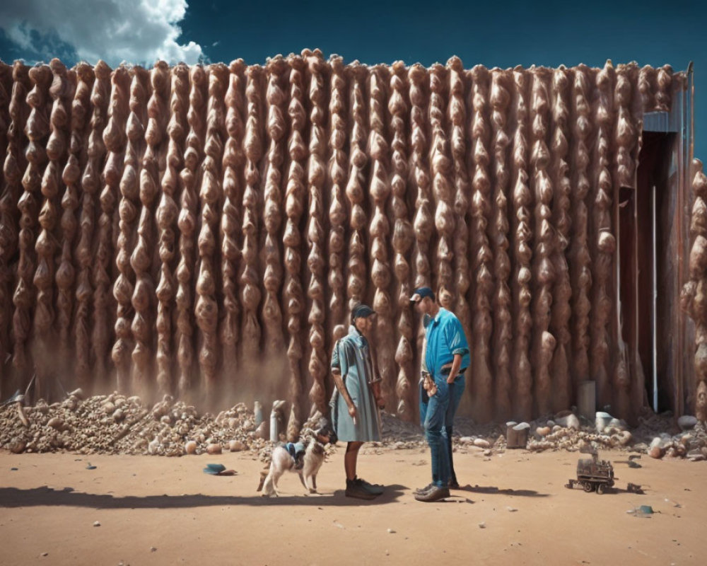 Two Men and a Dog with Hanging Garlic Wall Under Cloudy Sky