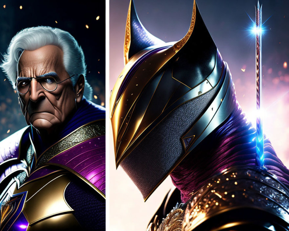 Stylized side-by-side portraits of character in futuristic costume.