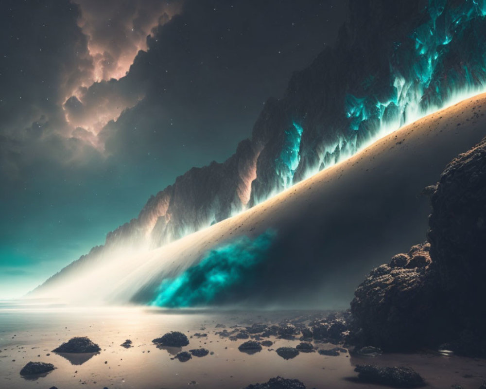 Surreal night landscape: glowing blue lights, starry sky, mountain range, and water body