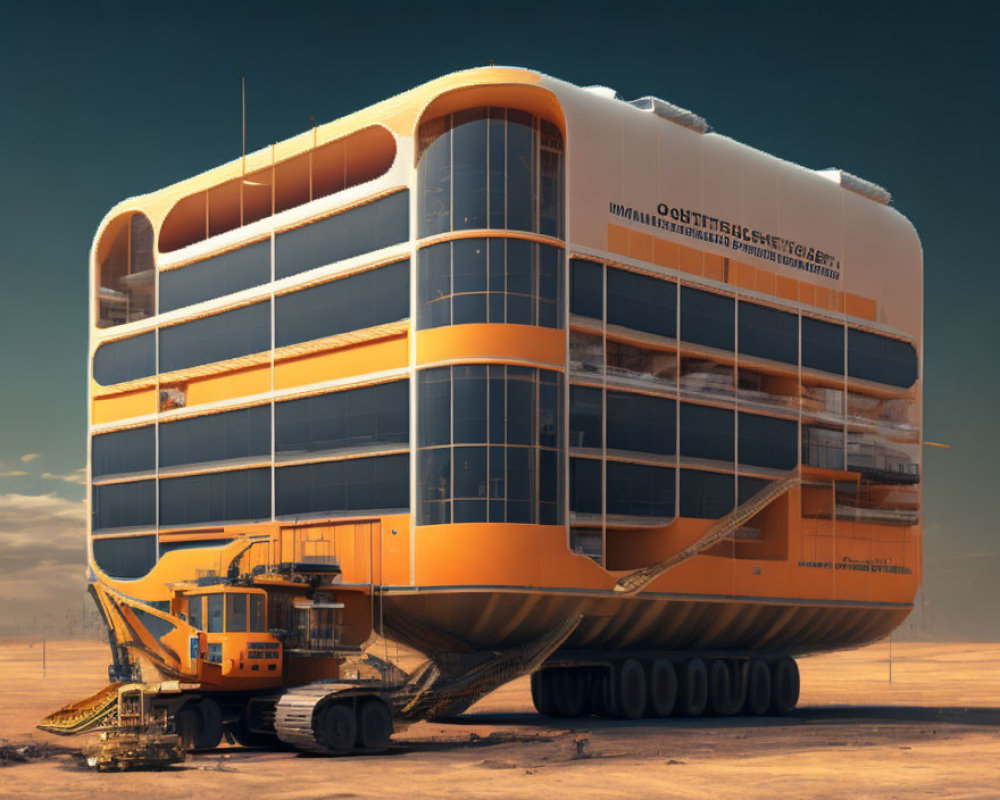 Gigantic tracked platform building in desert landscape