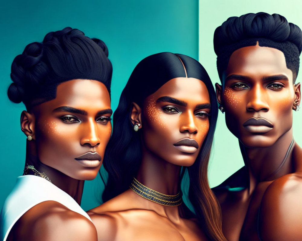 Elegant individuals with stylized hair and makeup on turquoise background