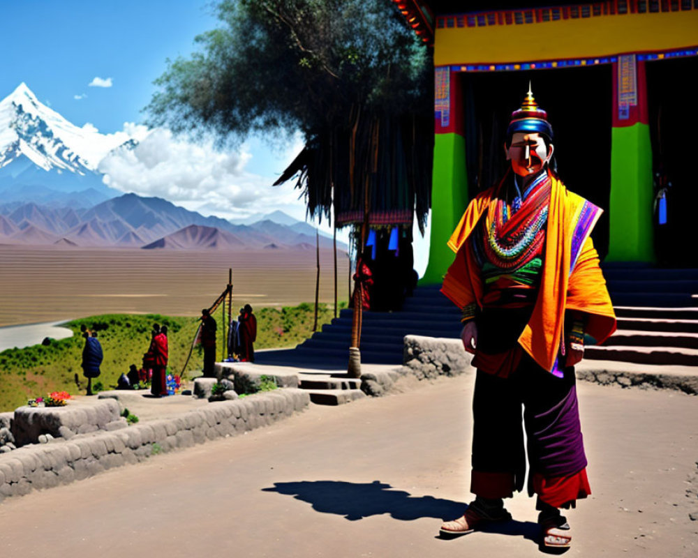 Traditional Tibetan Attire Against Colorful Building and Mountain