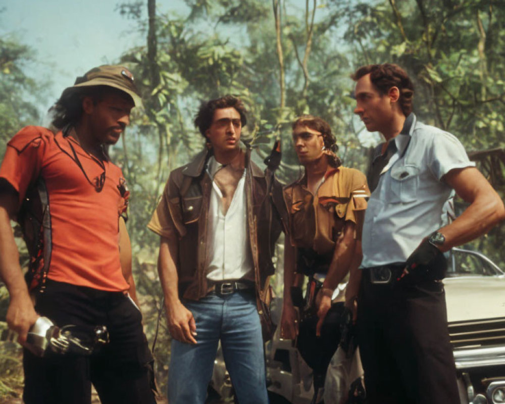 Four men in outdoor attire with tools next to vintage car