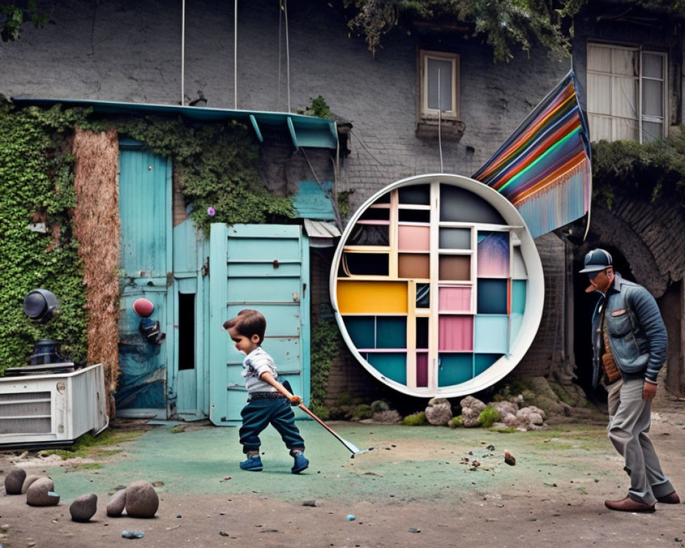 Toddler playing golf with stick on colorful street with circular window