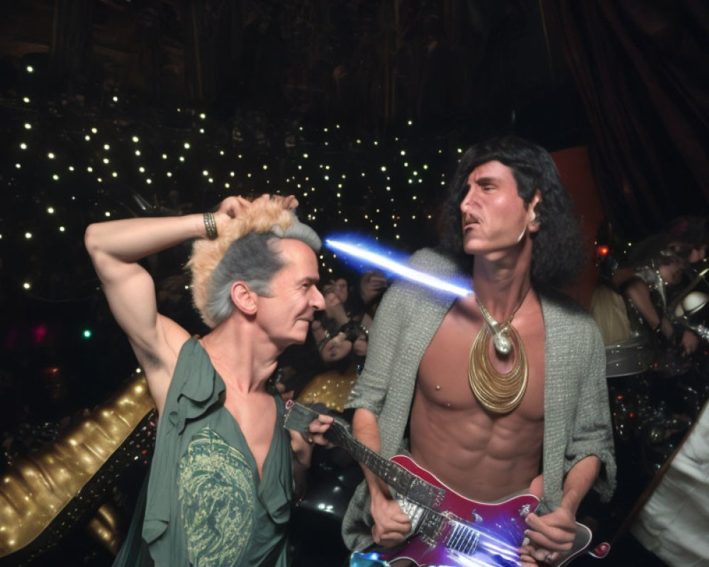 Vibrant party scene with short-haired dancer and shirtless person playing toy guitar