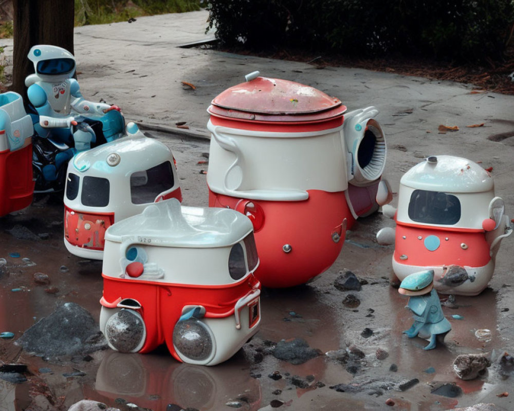 Miniature astronaut and spacecraft robot figurines on wet surface with pebbles depicting playful space scene
