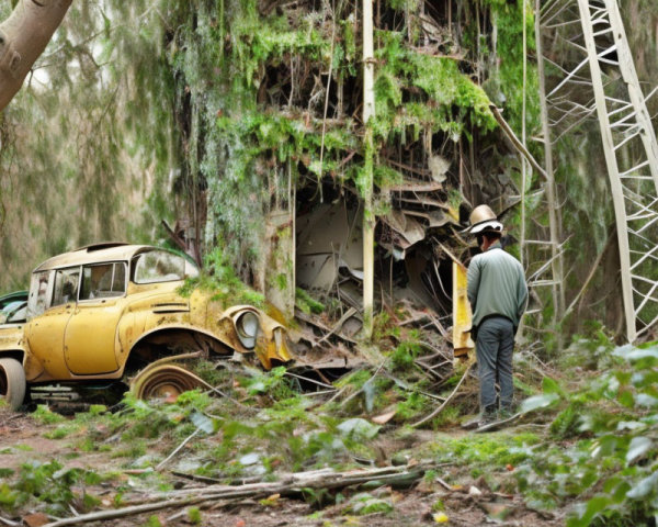 Person in hard hat near overgrown car and dilapidated structure in wooded area