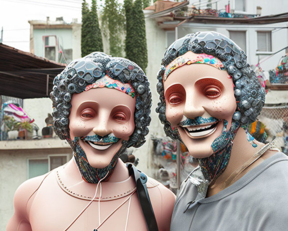 Two figures in oversized smiling masks with curly hair, one topless with an alien doll, and the