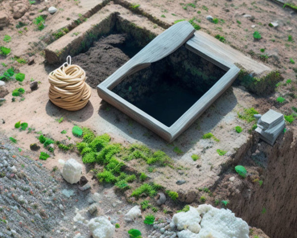 Archaeological excavation site with square trench, rope coil, wooden planks, scattered artifacts