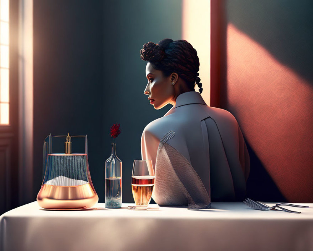 Elegant woman with updo hairstyle enjoying wine by the window