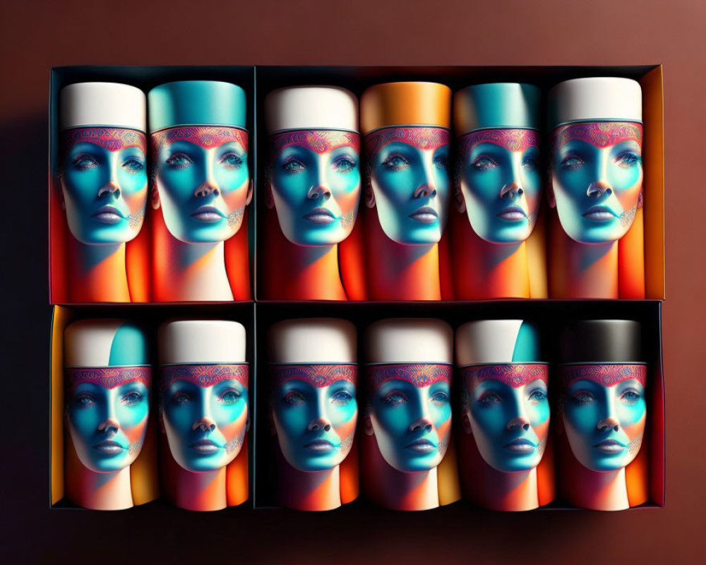 Colorful Female Face Design Face Powder Boxes on Brown Background