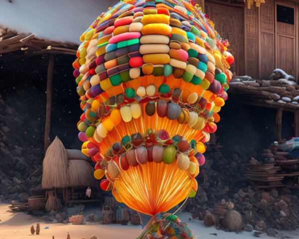 Colorful Tiered Structure Made from Traditional Garments Against Snowy Village