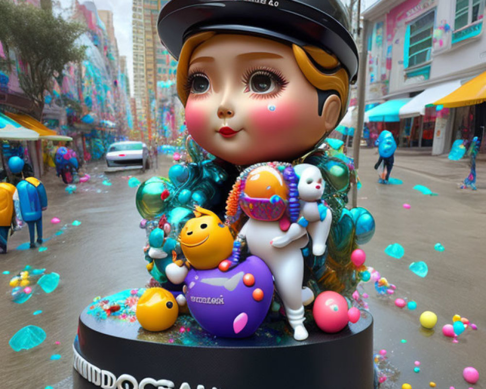 Vibrant urban art installation featuring large doll figure and whimsical characters