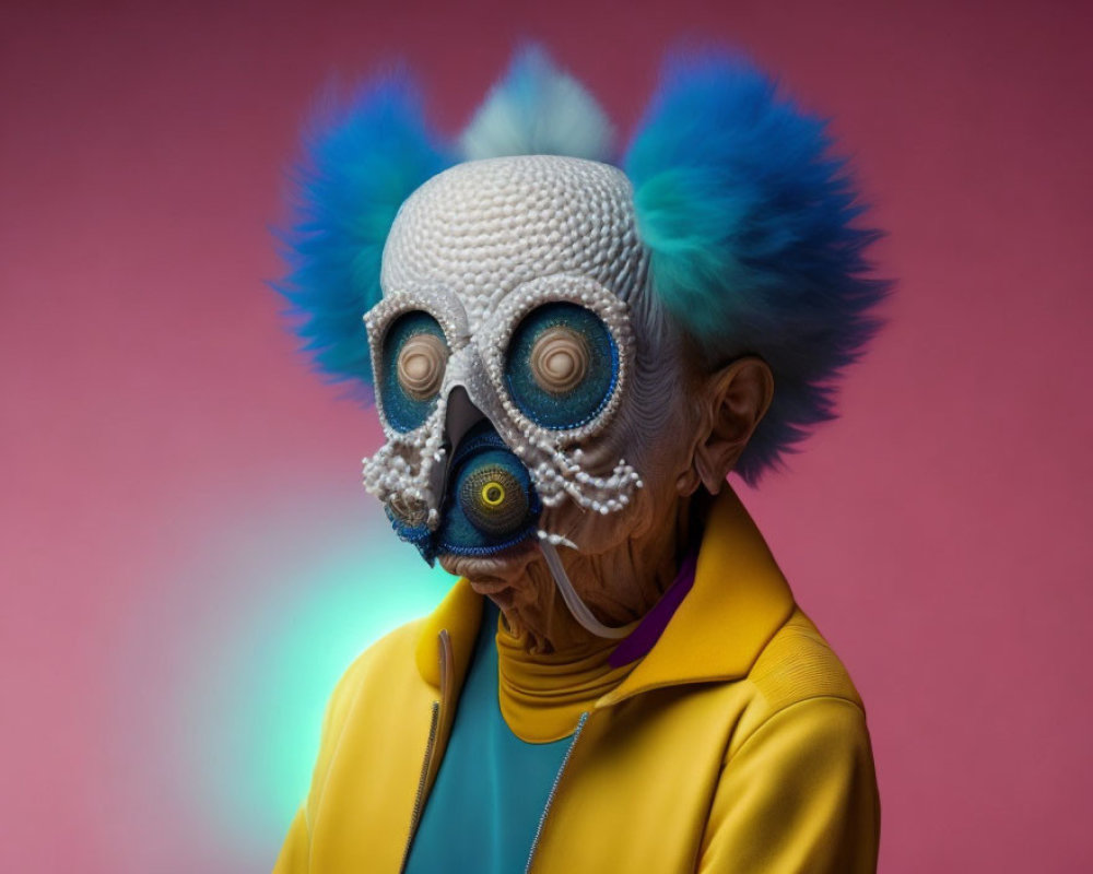 Elderly person with skull mask and blue hair in yellow jacket on pink background