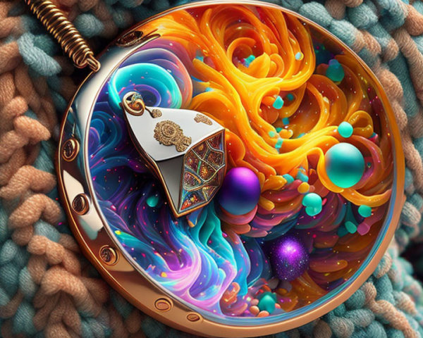 Colorful Abstract Digital Art: Flowing Elements in Locket surrounded by Rope Textures