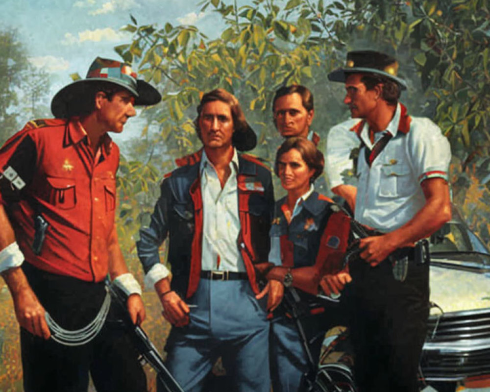 Vintage Painting: Five Individuals with Classic Car in Serious Discussion