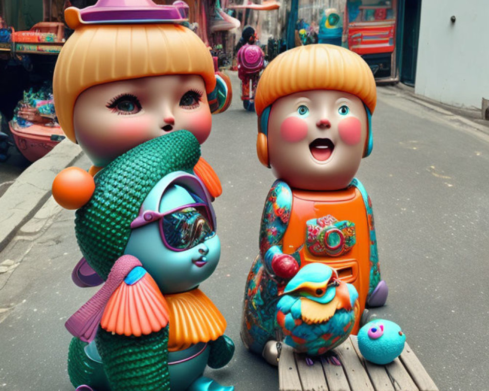Vibrant digital art: oversized children with fantasy pets on a bench