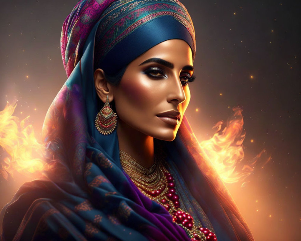 Vibrant digital illustration of woman in traditional attire against fiery background