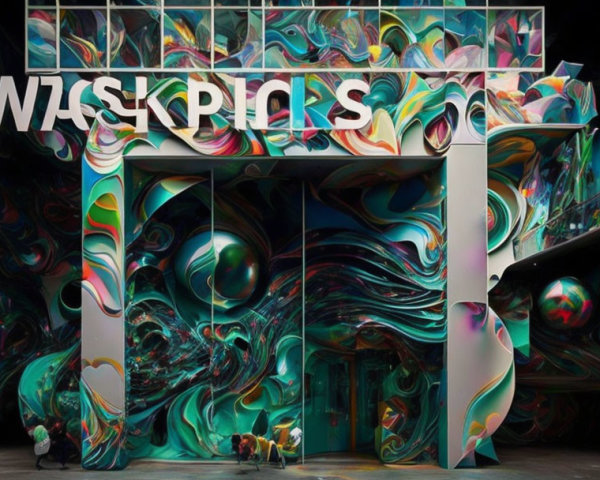 Colorful Psychedelic Art Installation with Swirling Patterns & Reflective Spheres