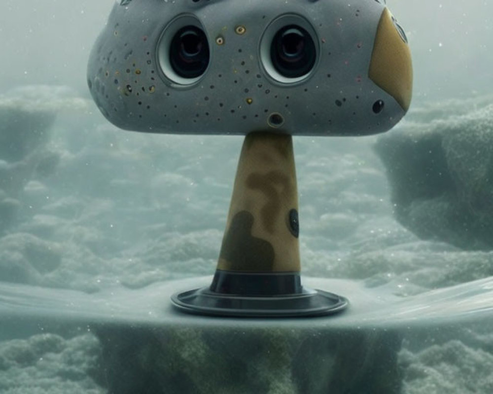 Cartoon-like face periscope in water with foam and misty background