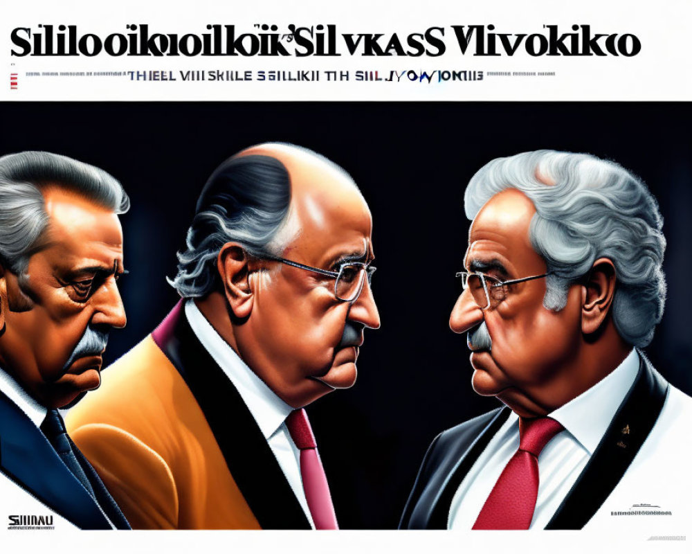 Three Men Caricature with Exaggerated Features on Gradient Background