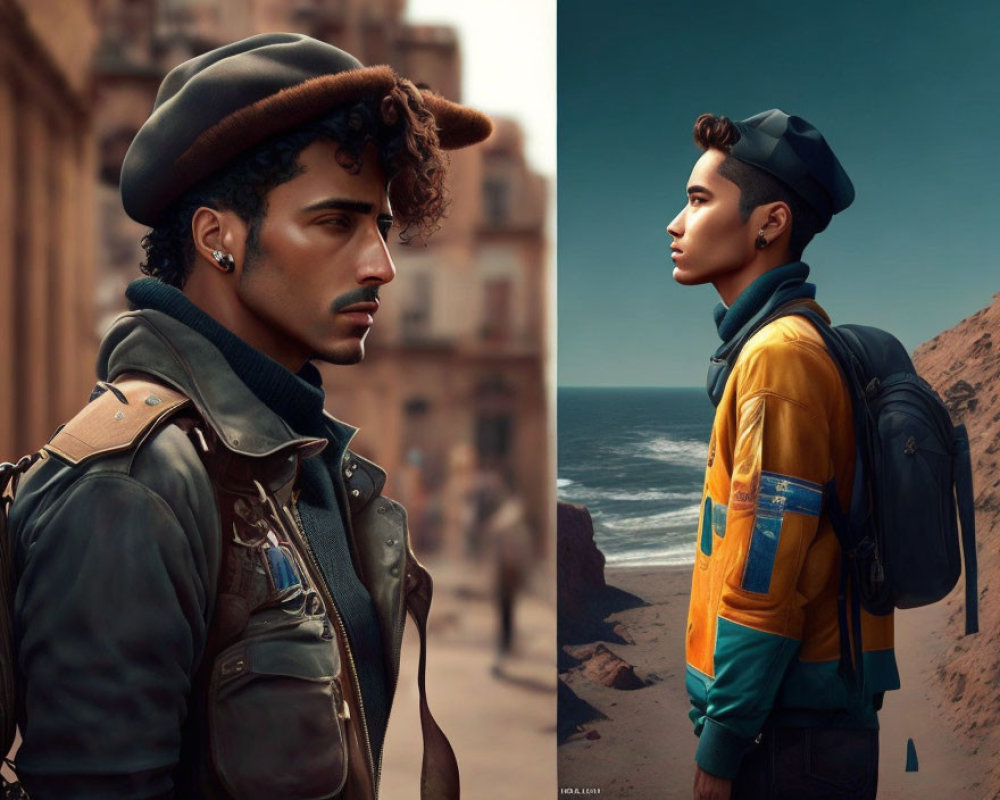 Split Image: Young Man in Beret, Coastal Desert Setting