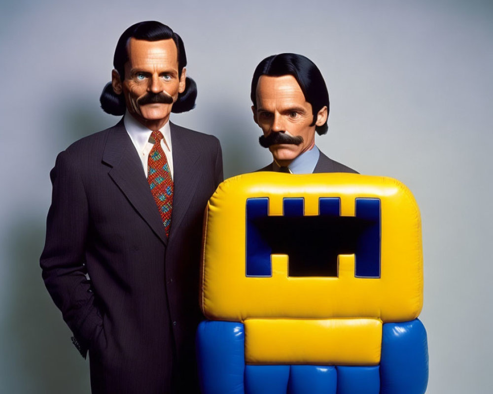 Two Men in Suits with Large Mustaches Holding Inflatable Castle-Like Object