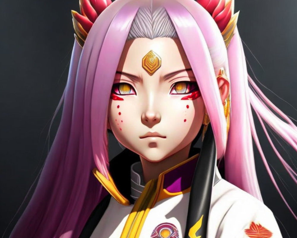 Pink-haired animated character with red eyes, golden ornament, horns, and kimono.