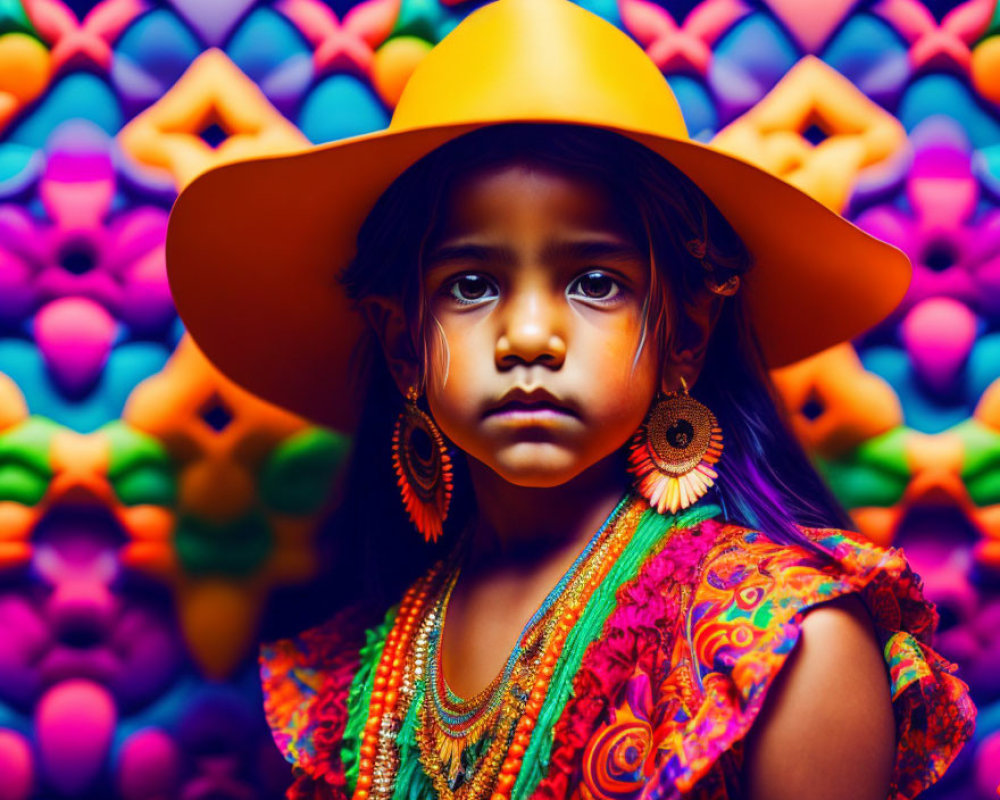 Young girl in orange hat and colorful attire on purple background