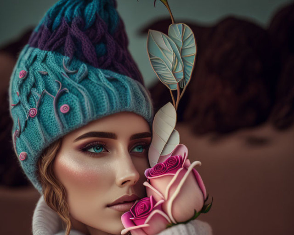 Woman with Striking Makeup Holding Roses in Blue Knitted Hat