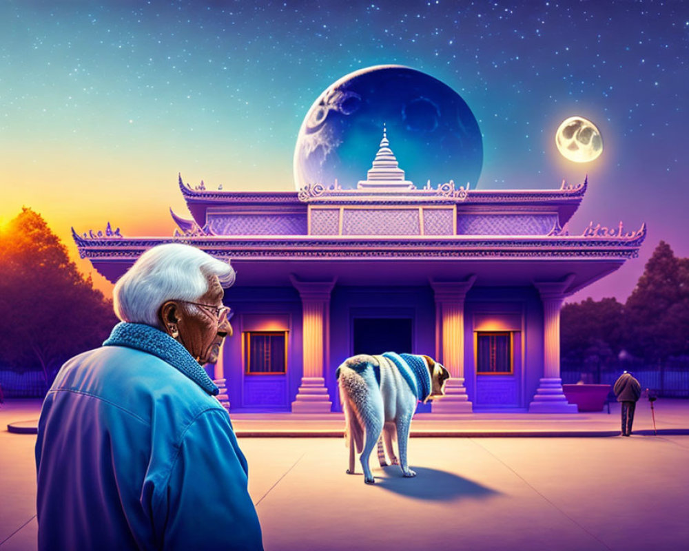 Elderly person and dog gaze at surreal moon phase sphere above traditional building