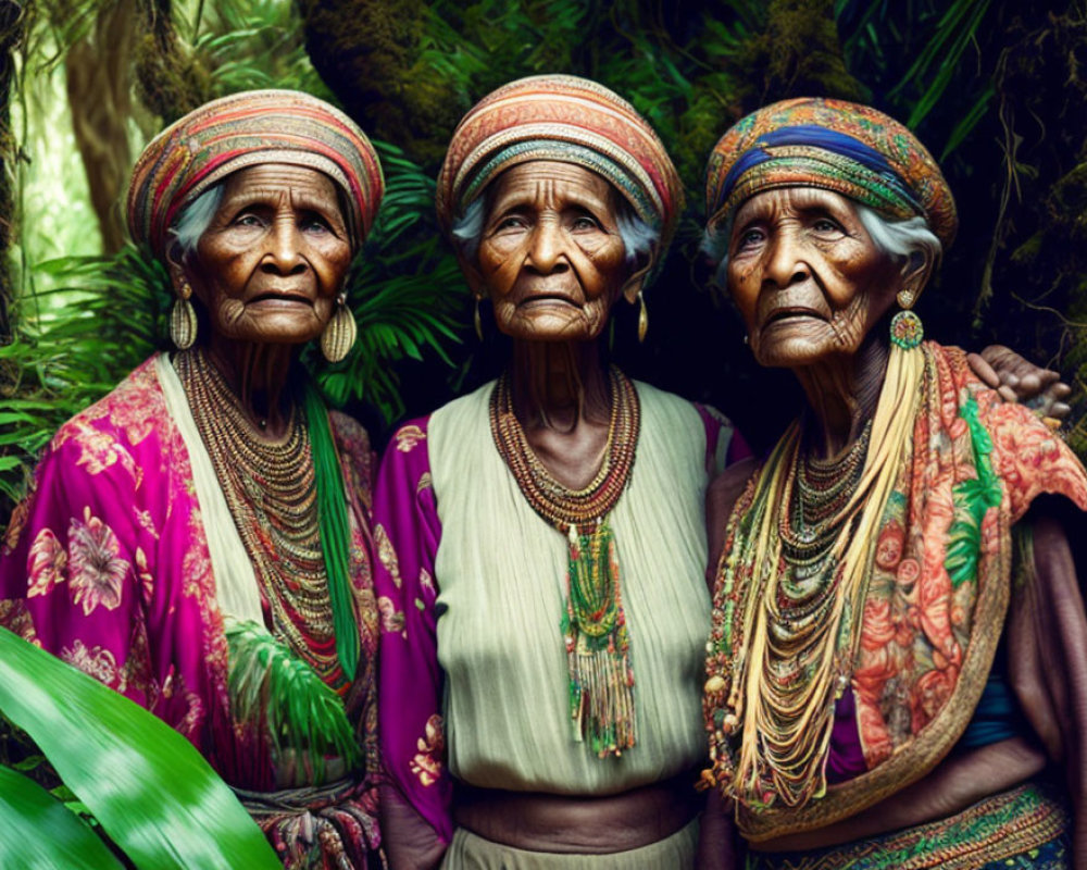 Elderly Women in Traditional Attire Pose with Cultural Pride