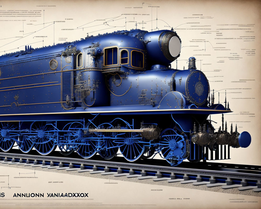 Detailed Blue Steam Locomotive Illustration with Annotations & Diagrams