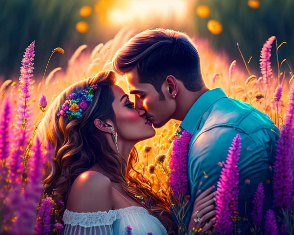 Couple kissing in vibrant flower field at sunset