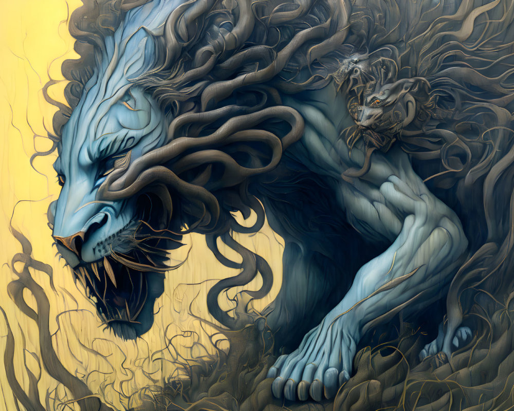 Majestic Blue Lion with Intricate Mane and Cub
