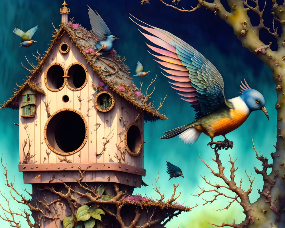 Whimsical Birdhouse Surrounded by Colorful Birds