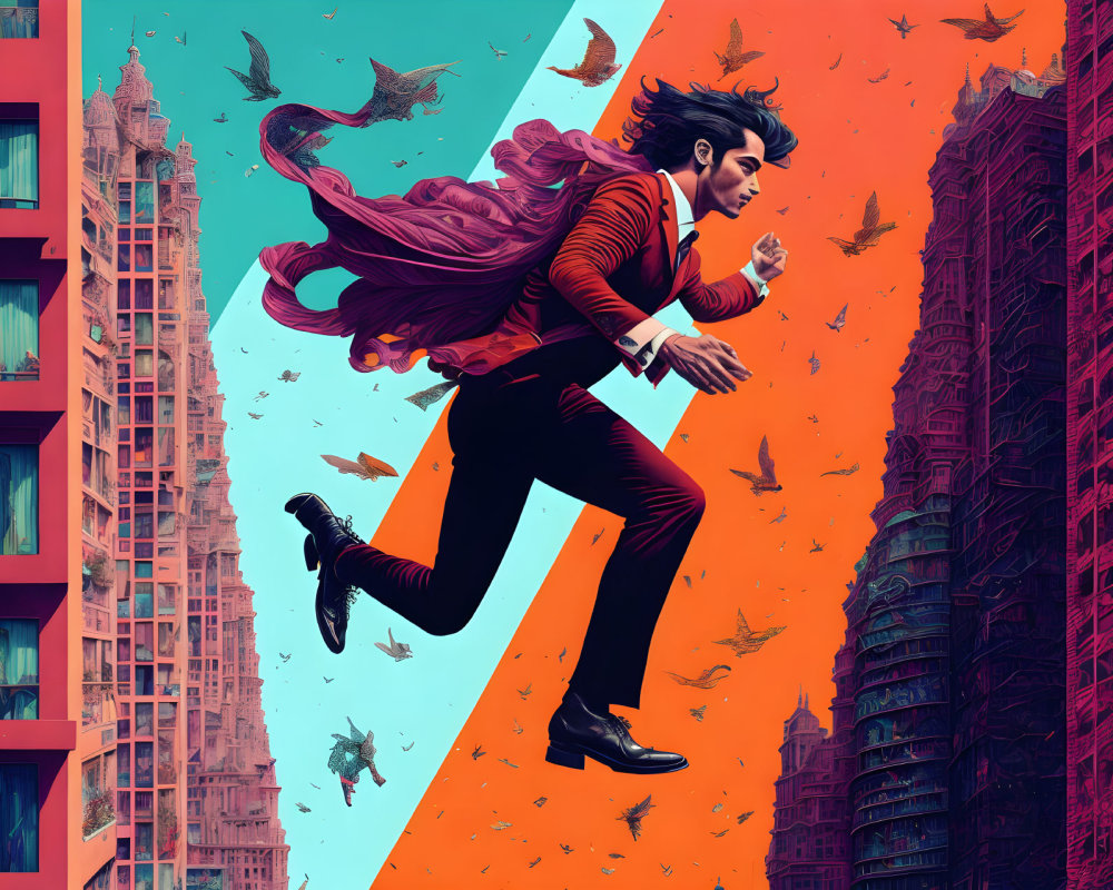 Dynamic Figure in Red Suit Against Vibrant Background