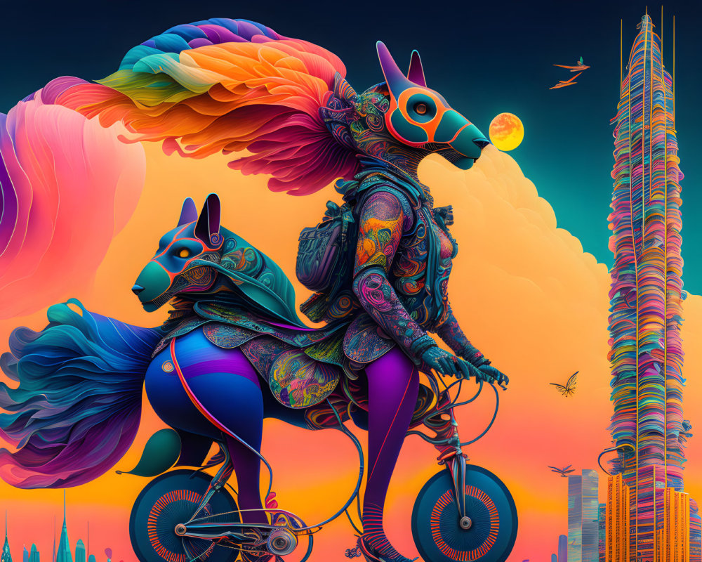 Surreal Scene of Bicycle Rider with Animal Mask