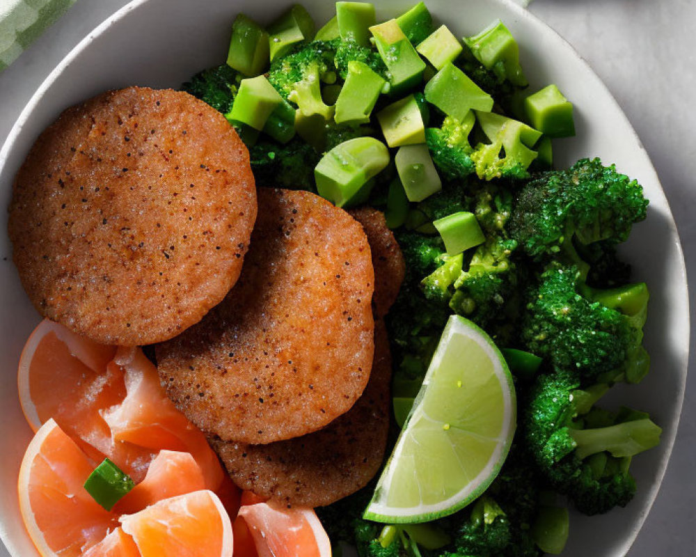 Bowl with steamed broccoli, green peppers, veggie patties, citrus fruit slices