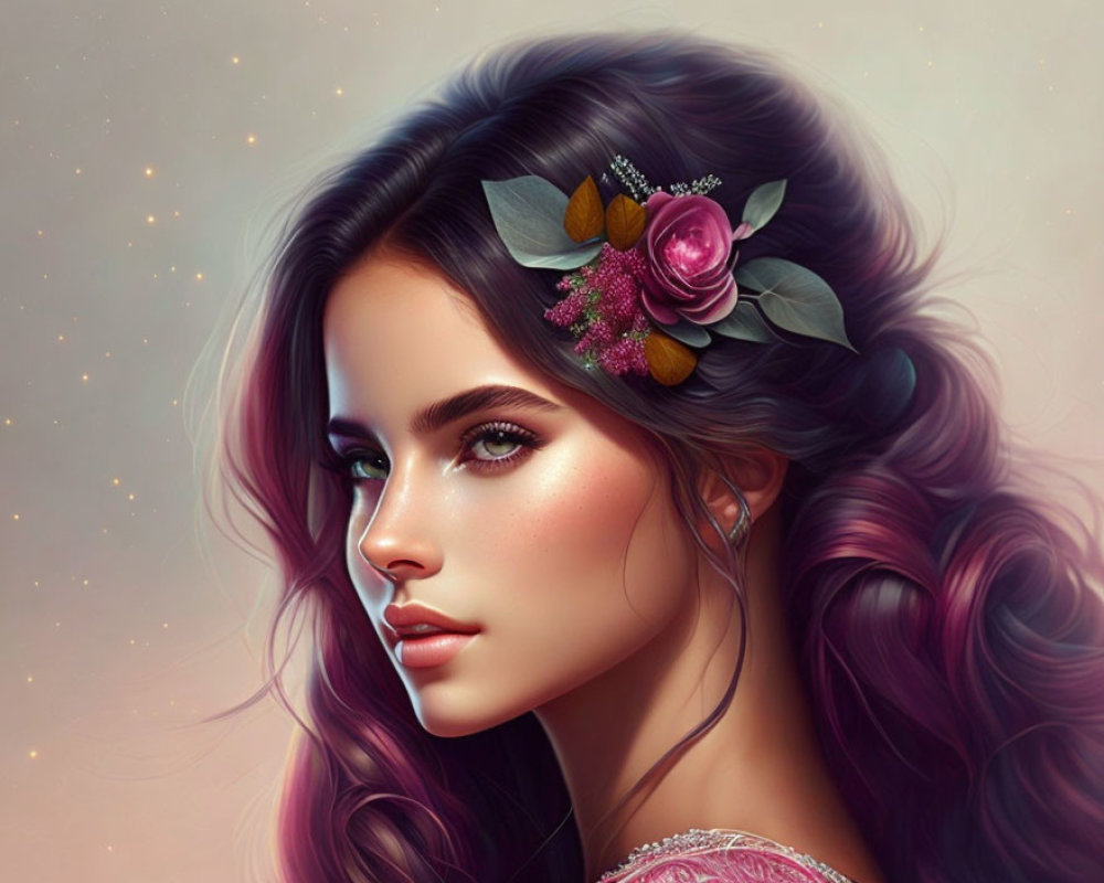Illustrated portrait of young woman with wavy purple hair and flower against beige background.