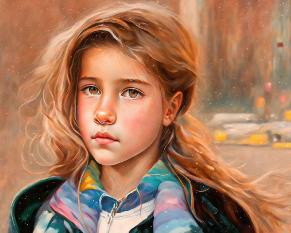 Young girl with flowing hair in multicolored jacket against city backdrop