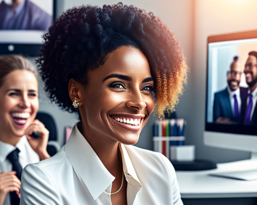 Smiling woman with curly afro in office setting, colleagues chatting in background