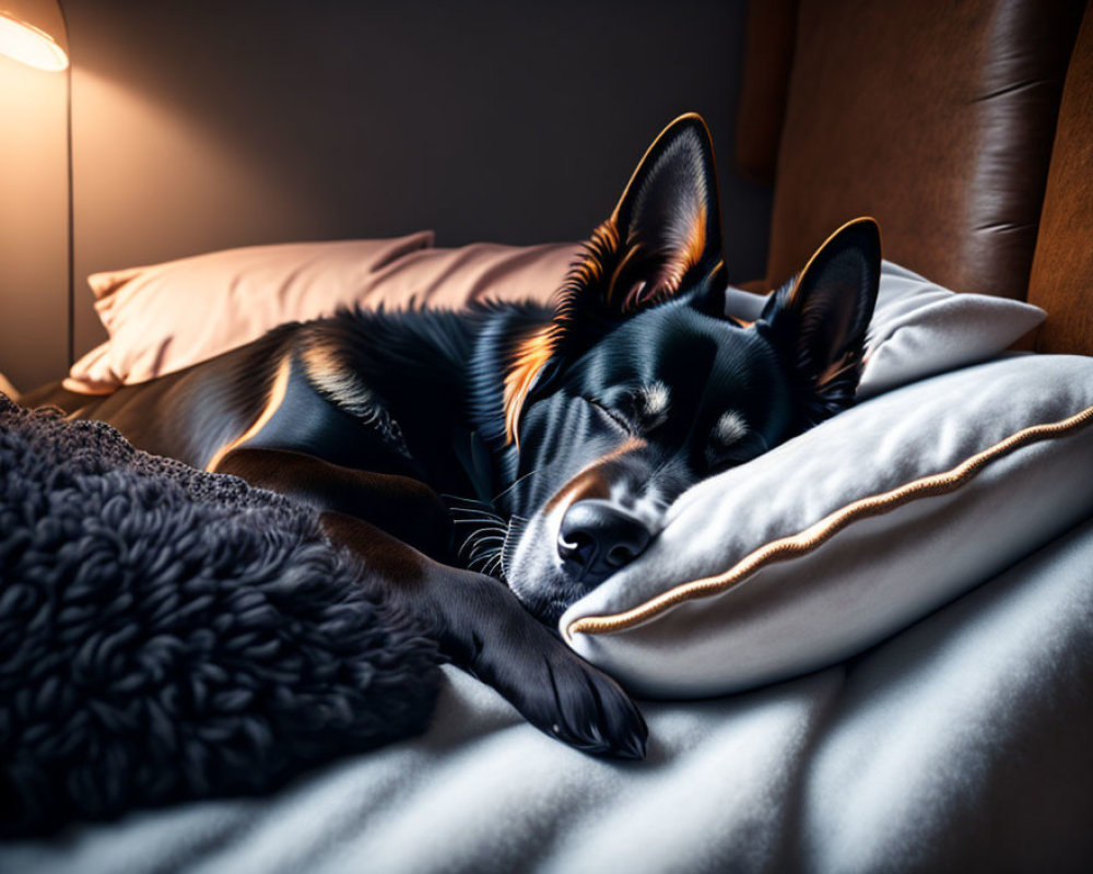 Cozy Dog Sleeping on Pillow with Warm Light